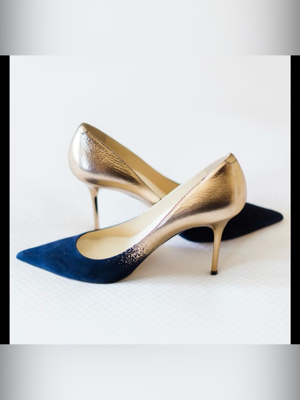Jimmy Choo Navy Suede and Metallic Gold Pointed Kitten Heel
